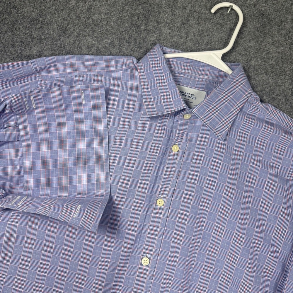 Charles Tyrwhitt Dress Shirt Mens 17/35 Blue Cotton Plaid French Cuff